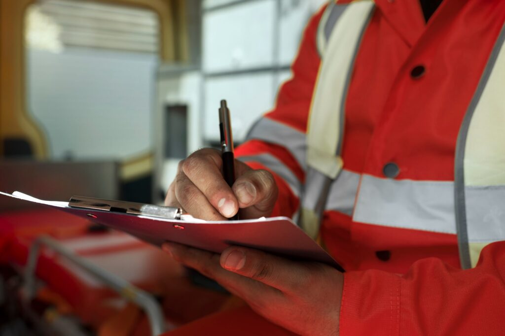 Person in bright orange safety jacket with reflective stripes writing on a clipboard, set in an industrial work environment with machinery or vehicle background found in the solutions page.