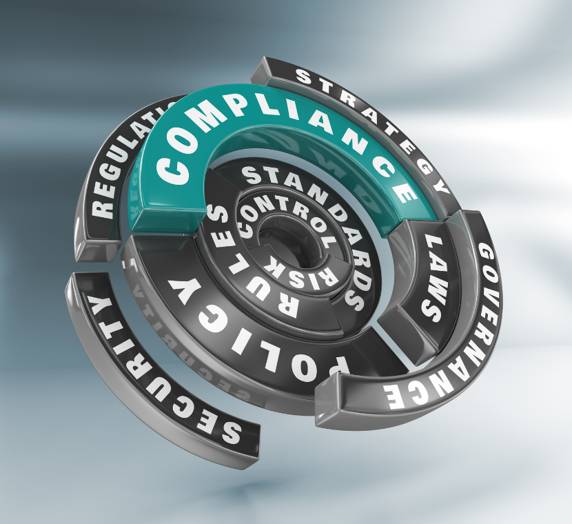 3D spiral diagram of segmented rings illustrating compliance management, with outer ring labeled ‘Strategy,’ ‘Governance,’ ‘Laws,’ ‘Policy,’ ‘Security,’ and ‘Regulation,’ middle ring showing ‘Standards,’ ‘Control,’ and ‘Risk,’ and innermost teal segment highlighting ‘Compliance’ as focal point.